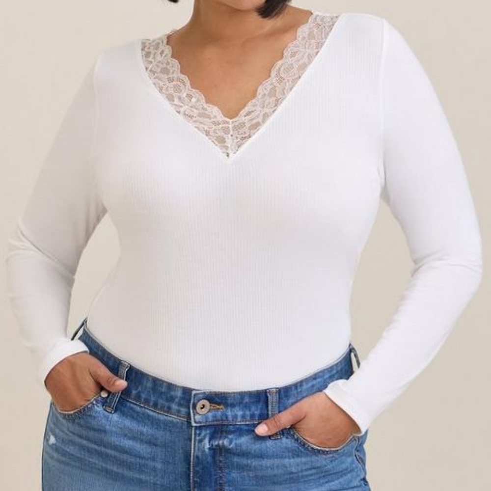 Torrid Super Soft Rib Lace Trim V-Neck Top